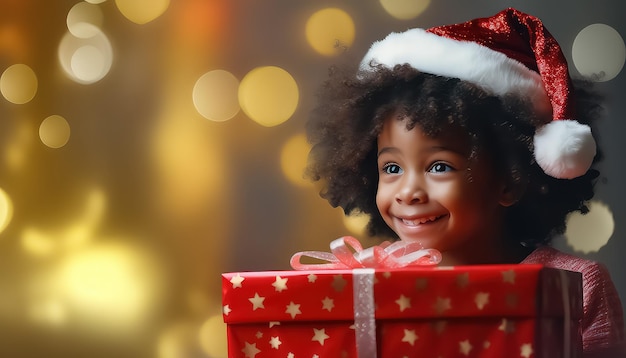 bambina carina con capelli afro ricci che tiene la sua scatola regalo vicino all'albero di Natale la sera