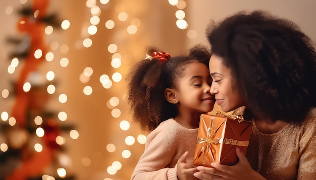 bambina carina con capelli afro ricci e mamma che tiene la sua scatola regalo vicino all'albero di Natale in
