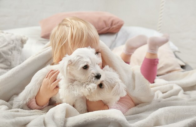 Bambina carina con cuccioli a casa