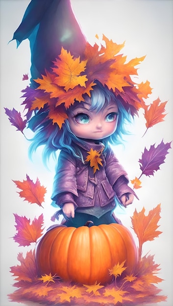 Bambina carina con fiori colorati autunno autunno zucca spaventosa arte di Halloween sfondo bianco AI generativo