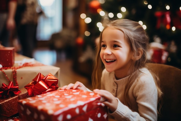 Bambina carina con regali di Natale a casa Concetto di Natale e Capodanno