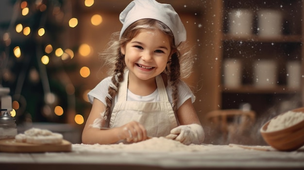 Bambina carina felice che prepara i biscotti per la celebrazione della vigilia di Natale a casa