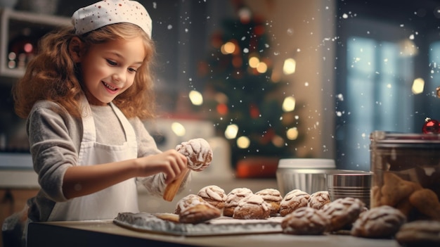 Bambina carina felice che prepara i biscotti per la celebrazione della vigilia di Natale a casa