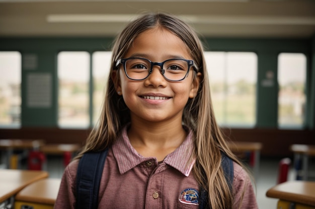 bambina carina in piedi sorridente e orgogliosamente a scuola di fronte alla fotocamera