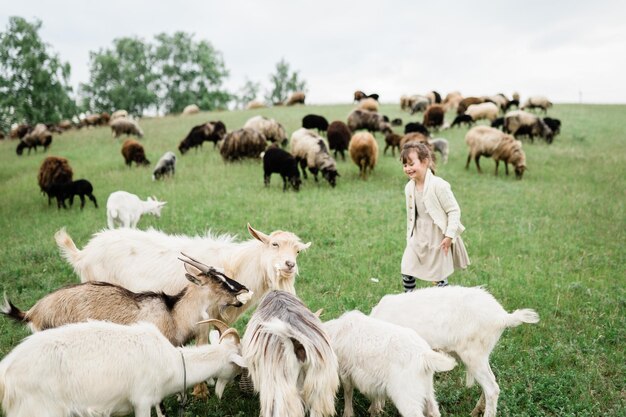 Bambina che alimenta le capre nella fattoria