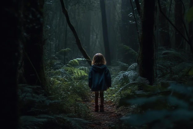 Bambina che cammina nell'oscura foresta misteriosa vista posteriore apparentemente persa e sola nei boschi ombrosi IA generativa