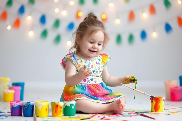 Bambina che dipinge con vernici colorate seduta sul pavimento