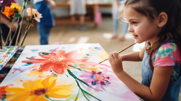 Bambina che dipinge un fiore con gli acrilici