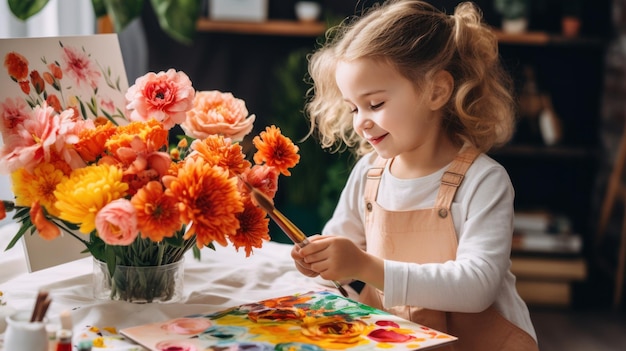 Bambina che dipinge un fiore con gli acrilici