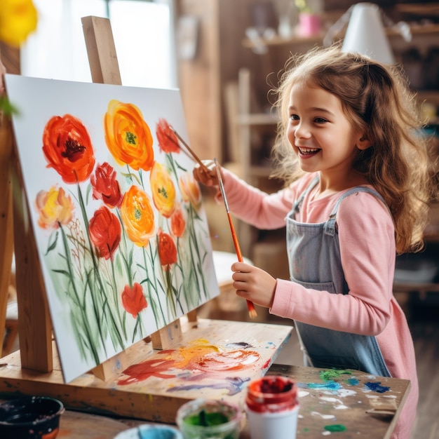 Bambina che dipinge un fiore con gli acrilici