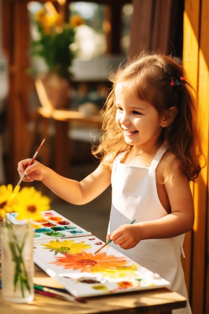 Bambina che dipinge un fiore con gli acrilici