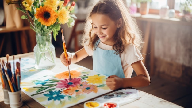 Bambina che dipinge un fiore con gli acrilici