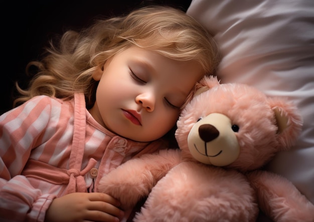 bambina che dorme nel letto abbracciando un orsacchiotto