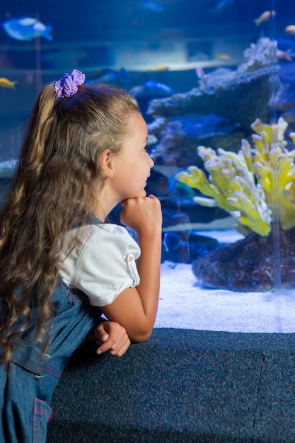 Bambina che esamina il serbatoio di pesce