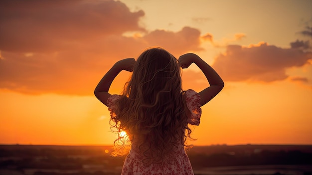 Bambina che forma cuore al tramonto da dietro