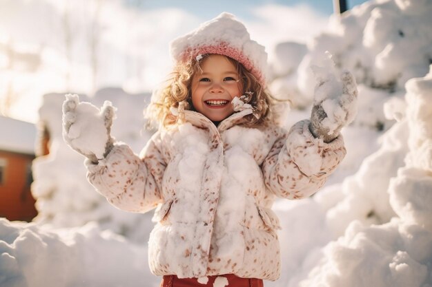 Bambina che gioca all'aperto nella neve AI generativa