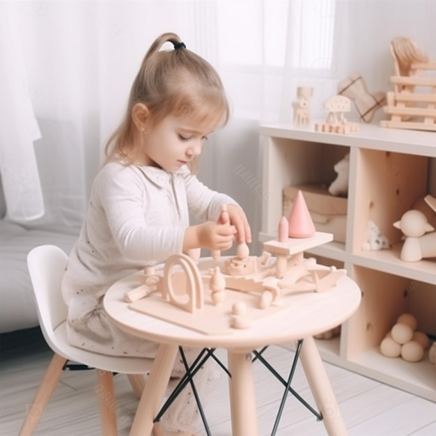 Bambina che gioca con giocattoli di legno al tavolo