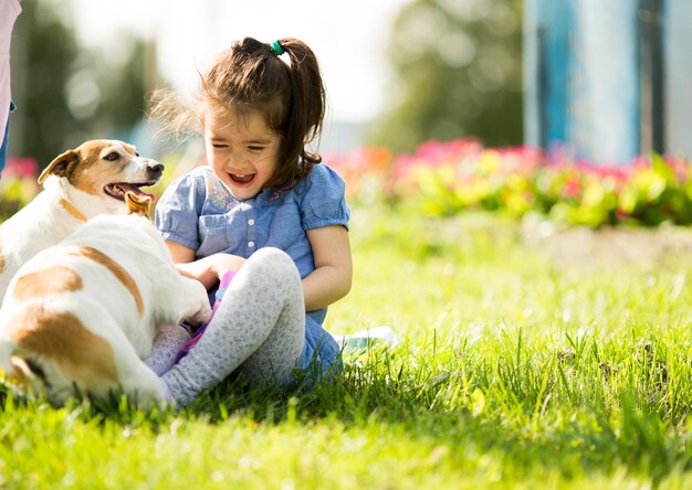 Bambina che gioca con i cani