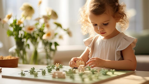 bambina che gioca con il puzzle di legno alcuni giocattoli in un ambiente soleggiato