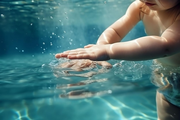 Bambina che gioca con l'acqua nella piscina Bambino che nuota sott'acqua