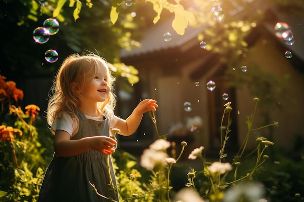 Bambina che gioca con le bolle in giardino