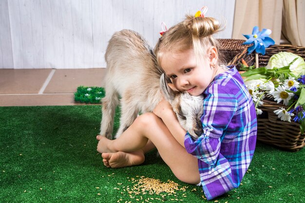 Bambina che gioca con le capre in terreni agricoli