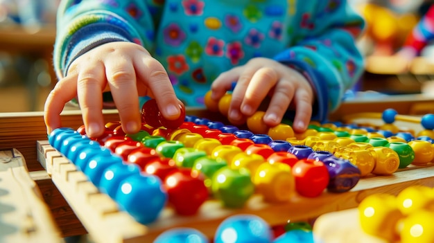 Bambina che gioca con un abaco di legno Concetto di istruzione precoce