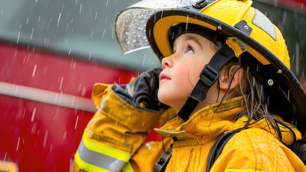 Bambina che indossa il casco dei vigili del fuoco sotto la pioggia