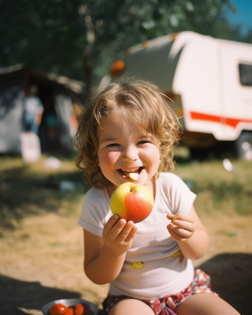 Bambina che mangia una mela e ride nel campo AI generativo