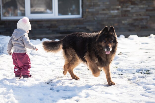 Bambina che parla con il suo cane durante la passeggiata invernale