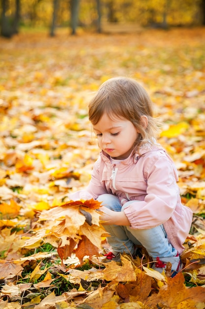 Bambina che prende le foglie di acero