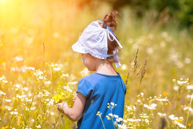 Bambina che raccoglie fiori nel prato in una giornata di sole