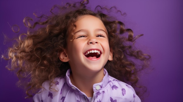 Bambina che ride su sfondo viola