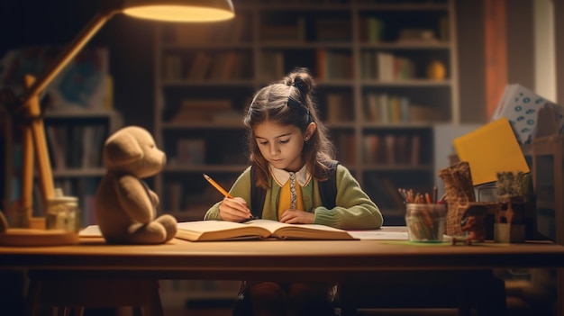 Bambina che scrive qualcosa nel quaderno e si siede al tavolo