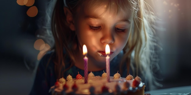 bambina che soffia le candele sulla torta di compleanno AI generativa