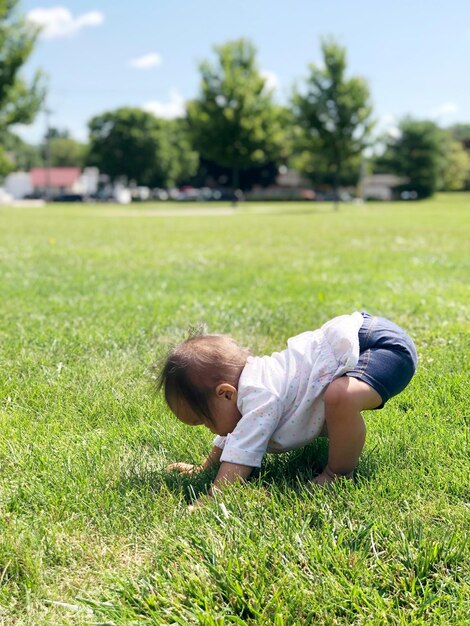 Bambina che striscia sulla terra erbosa