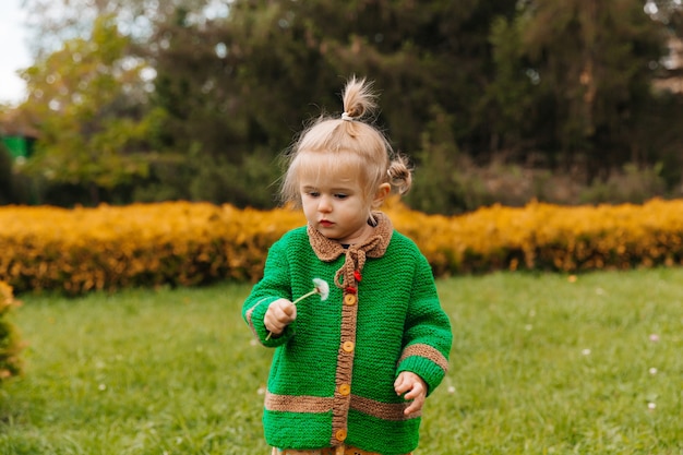 Bambina che tiene un dente di leone nelle sue mani.