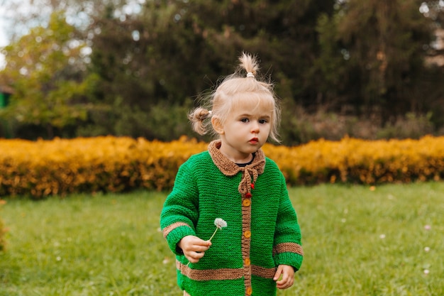 Bambina che tiene un dente di leone nelle sue mani.