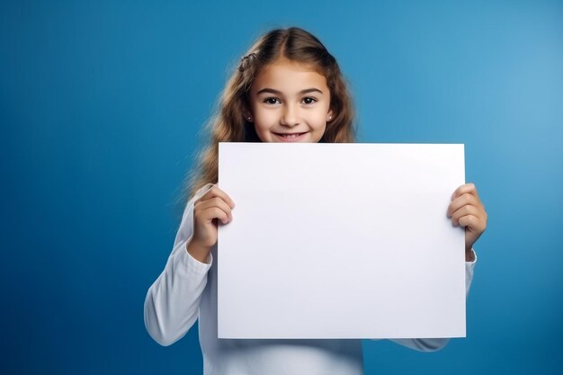 bambina che tiene un foglio bianco bambina carina con un foglio di carta bianco sfondo blu spazio per il testo una bambina tiene un pezzo di carta vuoto