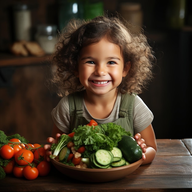 Bambina che tiene una ciotola di verdure