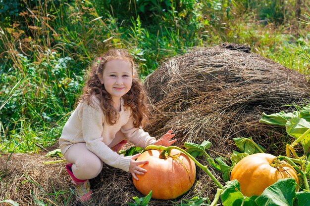 bambina che tiene una zucca su un orto di zucche