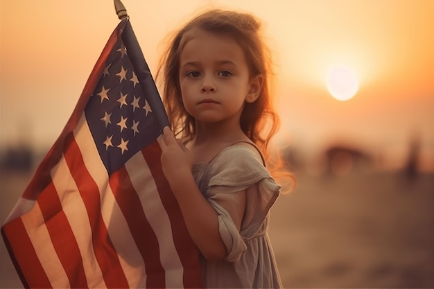 Bambina con bandiera americana in campo con tramonto IA generativa