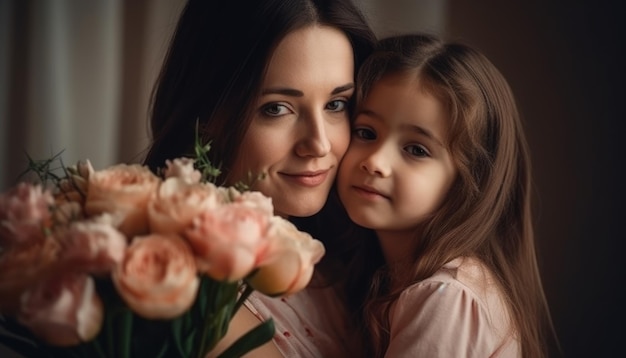 Bambina con fiori che abbracciano sua madre e festeggiano la festa della mamma IA generativa