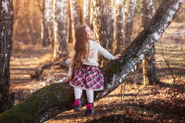 bambina con i capelli lunghi, seduto nella foresta