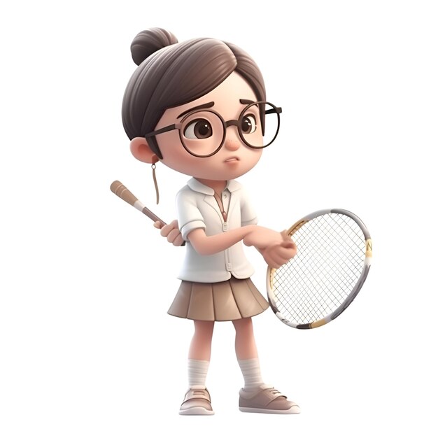 Bambina con la racchetta da badminton e il rendering occhiali3d