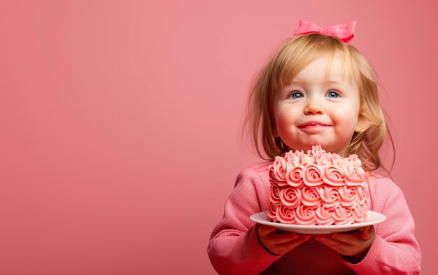 Bambina con torta di compleanno che mostra il dessert su uno sfondo a colore solido con copyspace per il testo