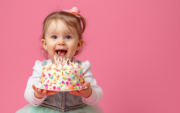 Bambina con torta di compleanno che mostra il dessert su uno sfondo a colore solido con copyspace per il testo
