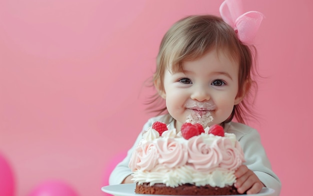 Bambina con torta di compleanno che mostra il dessert su uno sfondo a colore solido con copyspace per il testo