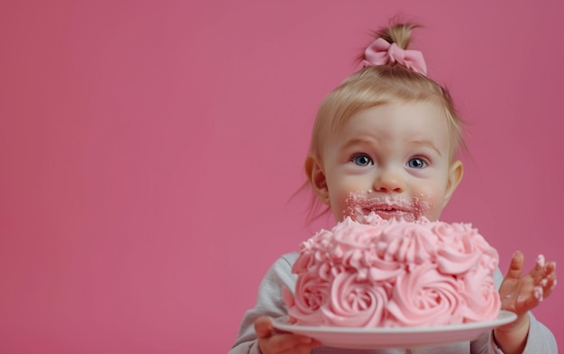 Bambina con torta di compleanno che mostra il dessert su uno sfondo a colore solido con copyspace per il testo