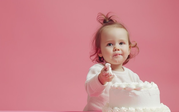 Bambina con torta di compleanno che mostra il dessert su uno sfondo a colore solido con copyspace per il testo